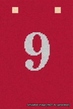 A simulated image of the stitched needlepoint design: Banner 18m Squared 9 White on Red. Not A.I. generated.