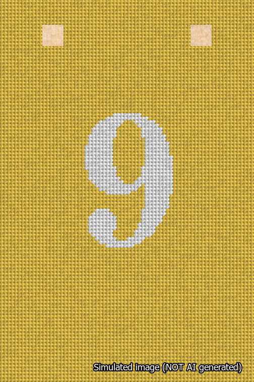 A simulated image of the stitched needlepoint design: Banner 18m Squared 9 White on Yellow. Not A.I. generated.