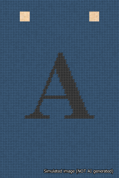 A simulated image of the stitched needlepoint design: Banner 18m Squared A Black on Blue. Not A.I. generated.