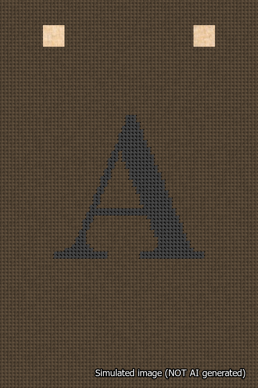A simulated image of the stitched needlepoint design: Banner 18m Squared A Black on Brown. Not A.I. generated.