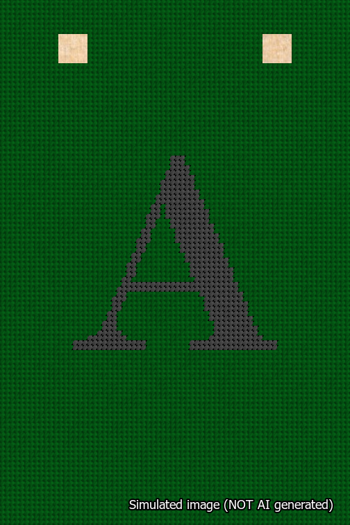 A simulated image of the stitched needlepoint design: Banner 18m Squared A Black on Green. Not A.I. generated.