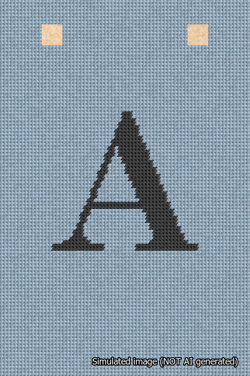A simulated image of the stitched needlepoint design: Banner 18m Squared A Black on Light Blue. Not A.I. generated.