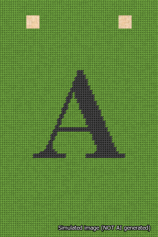 A simulated image of the stitched needlepoint design: Banner 18m Squared A Black on Light Green. Not A.I. generated.