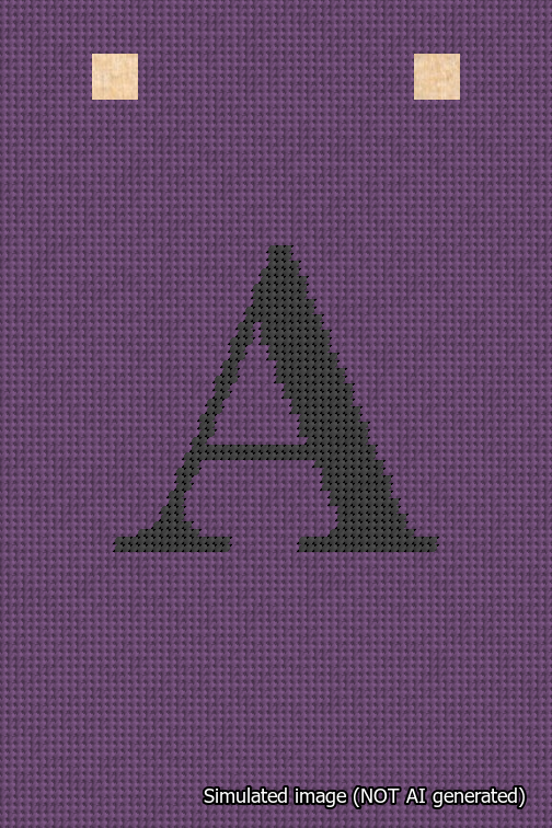 A simulated image of the stitched needlepoint design: Banner 18m Squared A Black on Purple. Not A.I. generated.