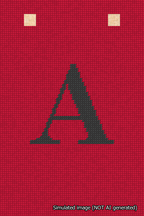 A simulated image of the stitched needlepoint design: Banner 18m Squared A Black on Red. Not A.I. generated.