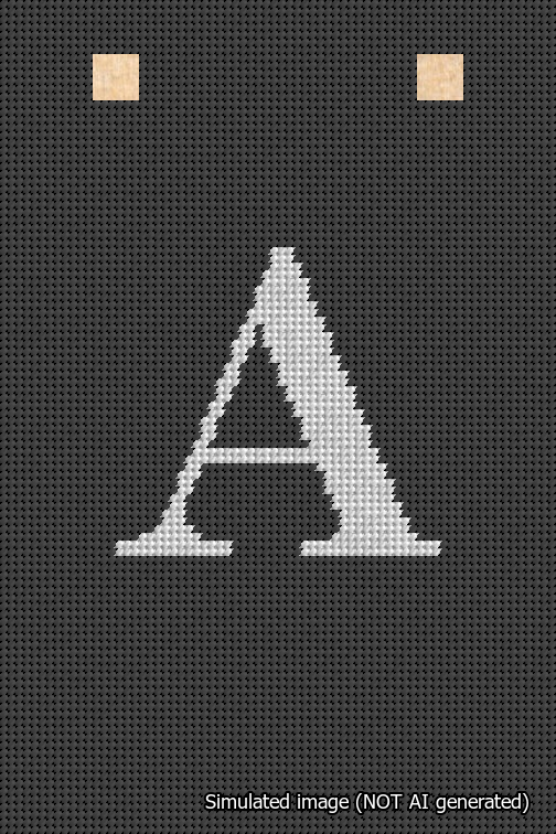 A simulated image of the stitched needlepoint design: Banner 18m Squared A White on Black. Not A.I. generated.