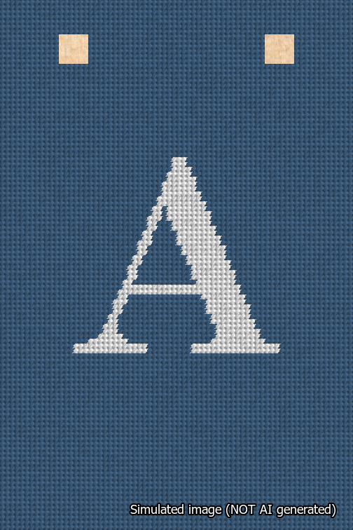 A simulated image of the stitched needlepoint design: Banner 18m Squared A White on Blue. Not A.I. generated.