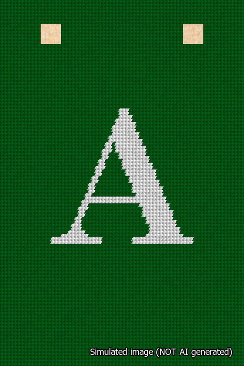 A simulated image of the stitched needlepoint design: Banner 18m Squared A White on Green. Not A.I. generated.