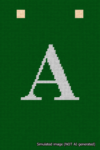 A simulated image of the stitched needlepoint design: Banner 18m Squared A White on Green. Not A.I. generated.