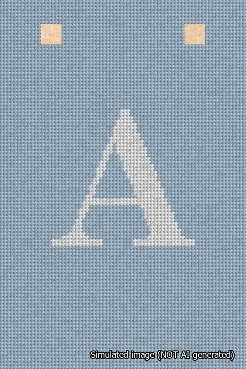 A simulated image of the stitched needlepoint design: Banner 18m Squared A White on Light Blue. Not A.I. generated.