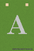 A simulated image of the stitched needlepoint design: Banner 18m Squared A White on Light Green. Not A.I. generated.
