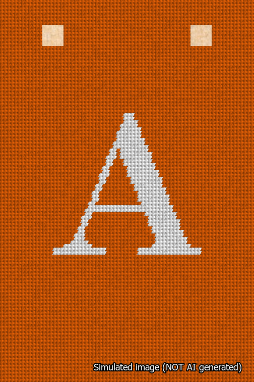 A simulated image of the stitched needlepoint design: Banner 18m Squared A White on Orange. Not A.I. generated.