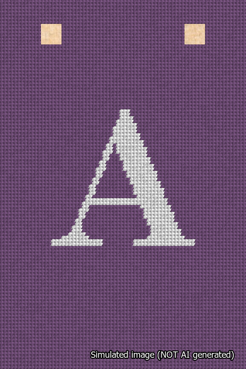 A simulated image of the stitched needlepoint design: Banner 18m Squared A White on Purple. Not A.I. generated.