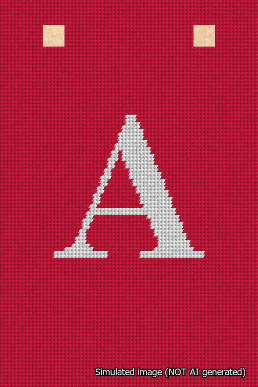 A simulated image of the stitched needlepoint design: Banner 18m Squared A White on Red. Not A.I. generated.