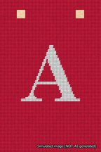 A simulated image of the stitched needlepoint design: Banner 18m Squared A White on Red. Not A.I. generated.