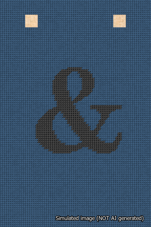 A simulated image of the stitched needlepoint design: Banner 18m Squared Ampersand Black on Blue. Not A.I. generated.
