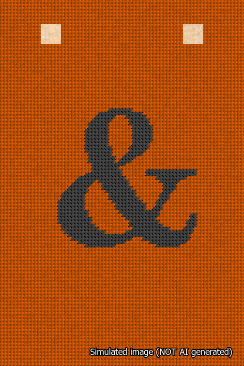 A simulated image of the stitched needlepoint design: Banner 18m Squared Ampersand Black on Orange. Not A.I. generated.