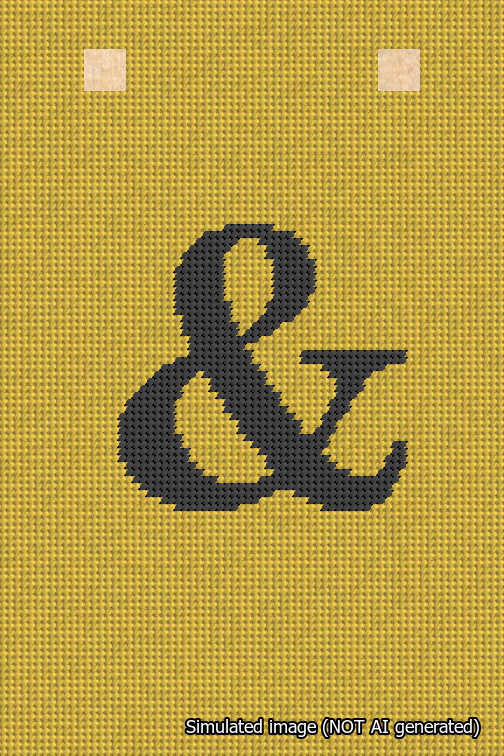 A simulated image of the stitched needlepoint design: Banner 18m Squared Ampersand Black on Yellow. Not A.I. generated.