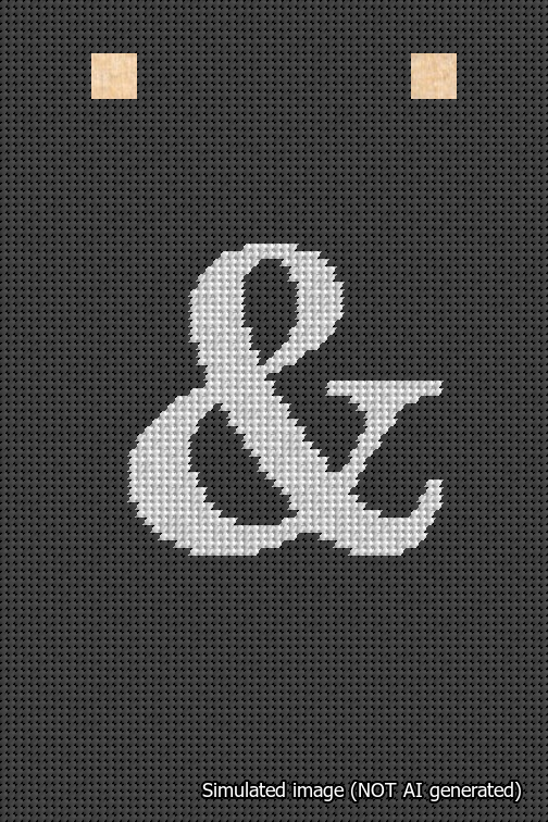 A simulated image of the stitched needlepoint design: Banner 18m Squared Ampersand White on Black. Not A.I. generated.