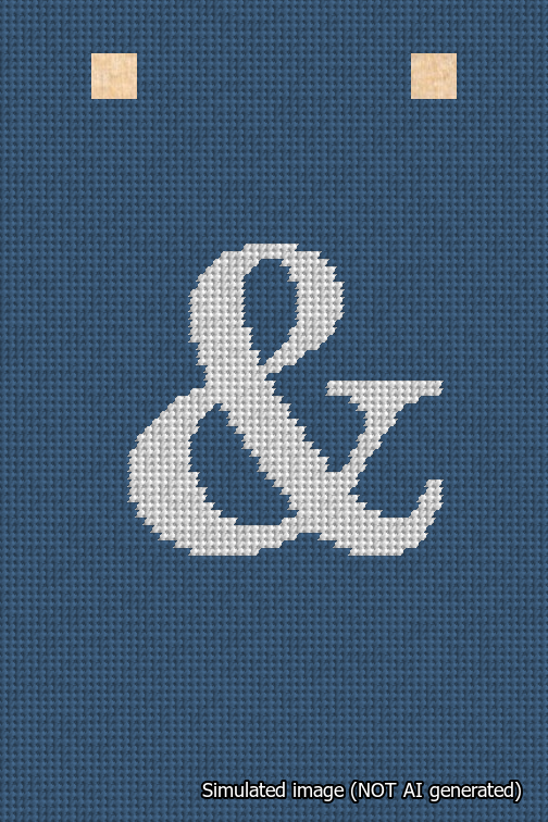 A simulated image of the stitched needlepoint design: Banner 18m Squared Ampersand White on Blue. Not A.I. generated.