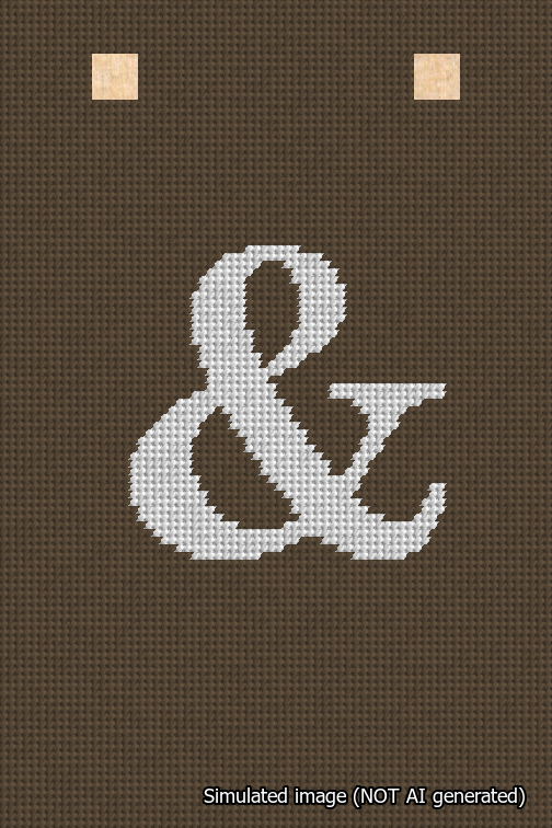 A simulated image of the stitched needlepoint design: Banner 18m Squared Ampersand White on Brown. Not A.I. generated.