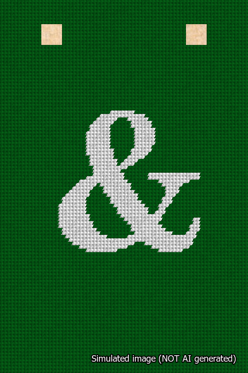 A simulated image of the stitched needlepoint design: Banner 18m Squared Ampersand White on Green. Not A.I. generated.