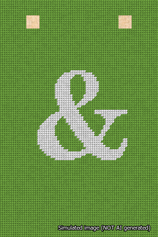 A simulated image of the stitched needlepoint design: Banner 18m Squared Ampersand White on Light Green. Not A.I. generated.