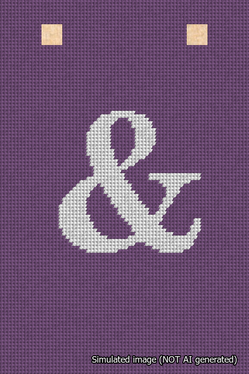 A simulated image of the stitched needlepoint design: Banner 18m Squared Ampersand White on Purple. Not A.I. generated.