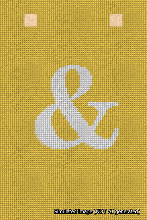 A simulated image of the stitched needlepoint design: Banner 18m Squared Ampersand White on Yellow. Not A.I. generated.