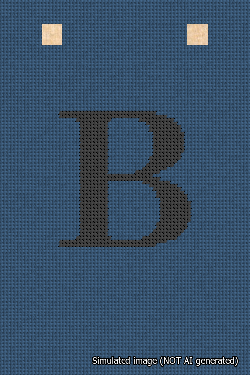 A simulated image of the stitched needlepoint design: Banner 18m Squared B Black on Blue. Not A.I. generated.
