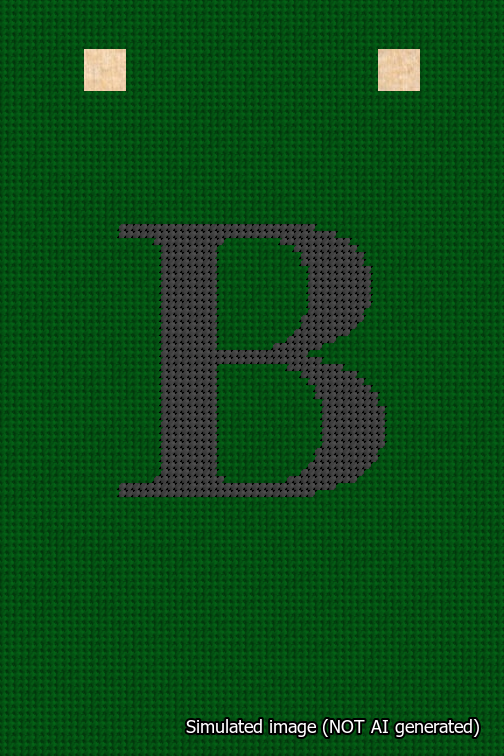 A simulated image of the stitched needlepoint design: Banner 18m Squared B Black on Green. Not A.I. generated.