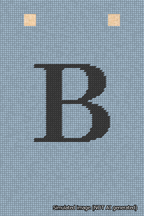 A simulated image of the stitched needlepoint design: Banner 18m Squared B Black on Light Blue. Not A.I. generated.