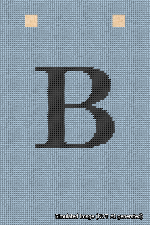 A simulated image of the stitched needlepoint design: Banner 18m Squared B Black on Light Blue. Not A.I. generated.