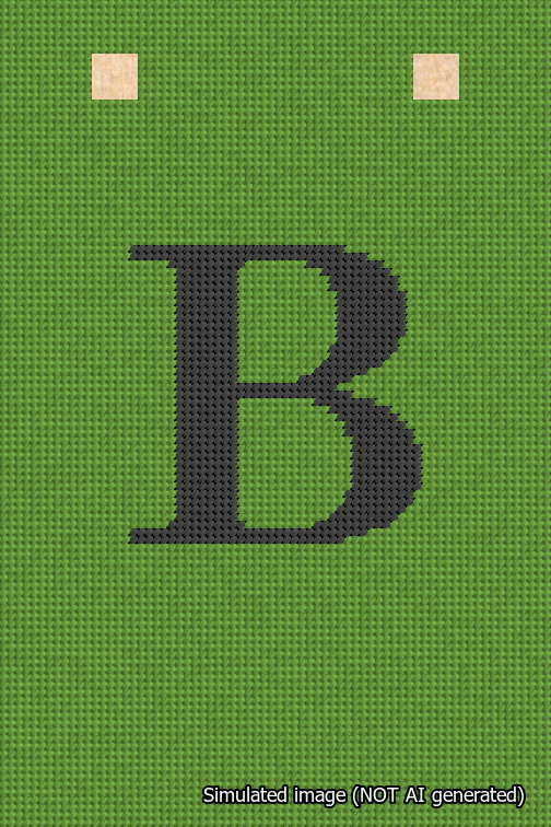 A simulated image of the stitched needlepoint design: Banner 18m Squared B Black on Light Green. Not A.I. generated.