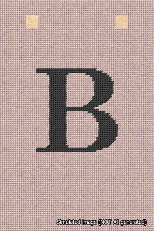 A simulated image of the stitched needlepoint design: Banner 18m Squared B Black on Pink. Not A.I. generated.