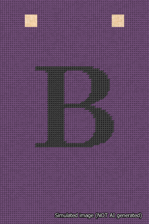 A simulated image of the stitched needlepoint design: Banner 18m Squared B Black on Purple. Not A.I. generated.