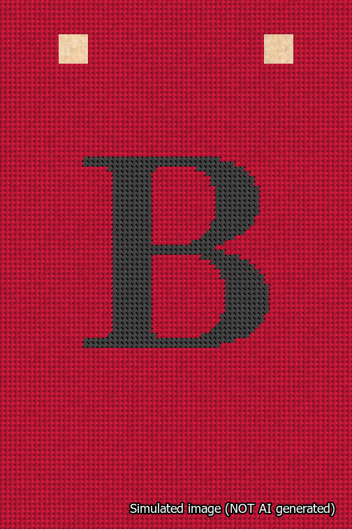 A simulated image of the stitched needlepoint design: Banner 18m Squared B Black on Red. Not A.I. generated.