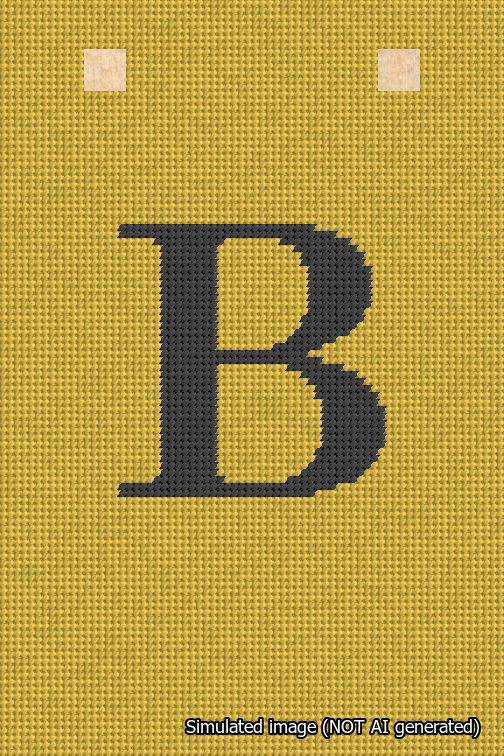 A simulated image of the stitched needlepoint design: Banner 18m Squared B Black on Yellow. Not A.I. generated.