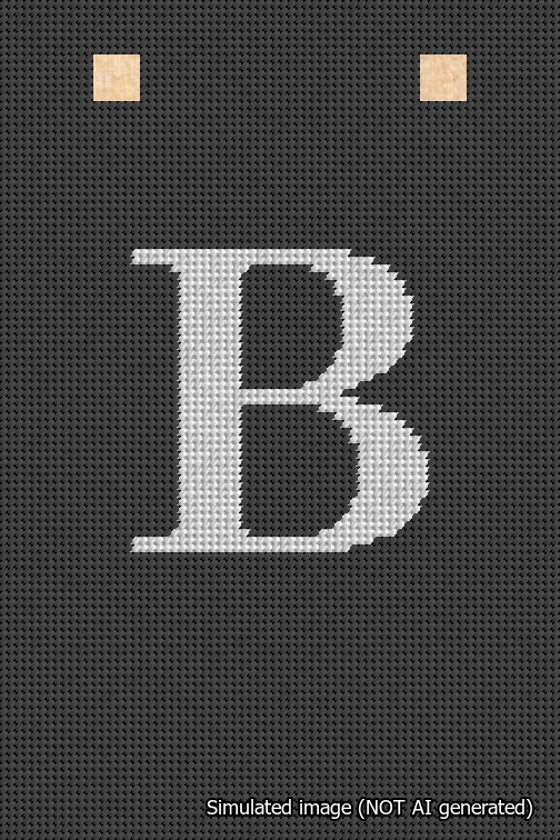 A simulated image of the stitched needlepoint design: Banner 18m Squared B White on Black. Not A.I. generated.