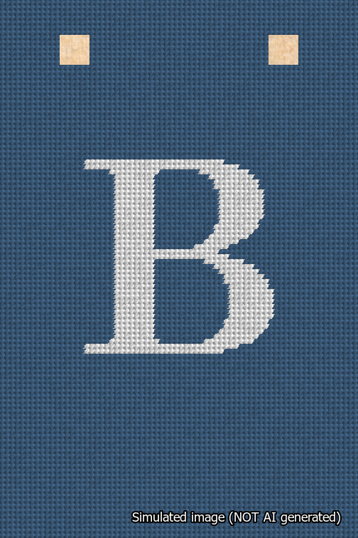A simulated image of the stitched needlepoint design: Banner 18m Squared B White on Blue. Not A.I. generated.