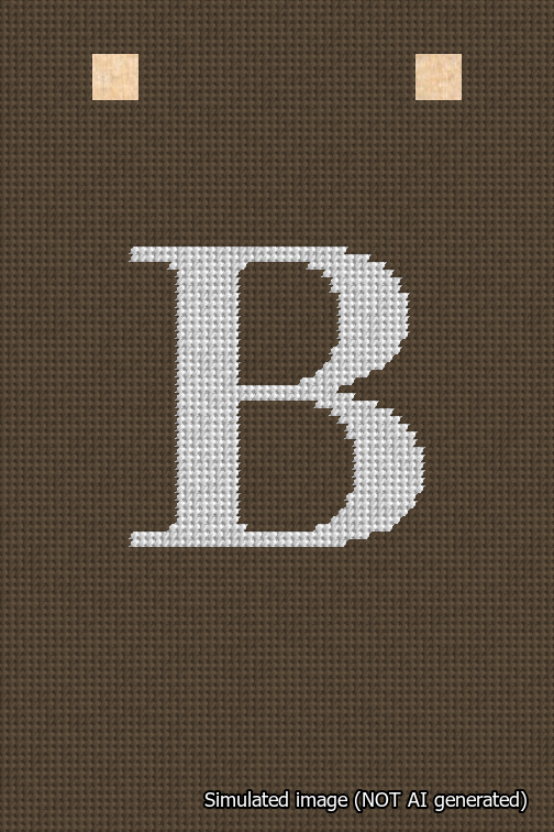 A simulated image of the stitched needlepoint design: Banner 18m Squared B White on Brown. Not A.I. generated.
