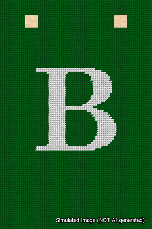 A simulated image of the stitched needlepoint design: Banner 18m Squared B White on Green. Not A.I. generated.