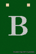 A simulated image of the stitched needlepoint design: Banner 18m Squared B White on Green. Not A.I. generated.