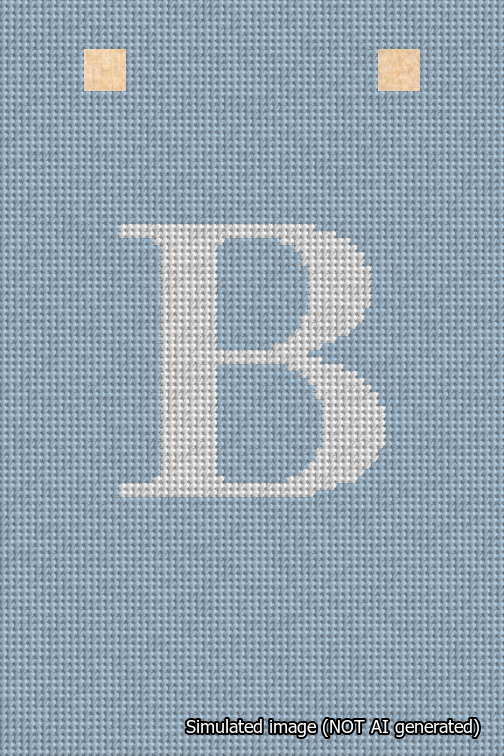 A simulated image of the stitched needlepoint design: Banner 18m Squared B White on Light Blue. Not A.I. generated.
