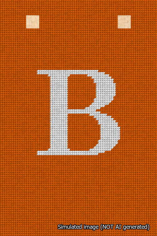 A simulated image of the stitched needlepoint design: Banner 18m Squared B White on Orange. Not A.I. generated.