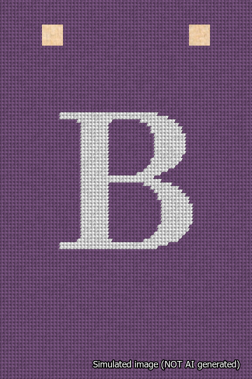 A simulated image of the stitched needlepoint design: Banner 18m Squared B White on Purple. Not A.I. generated.
