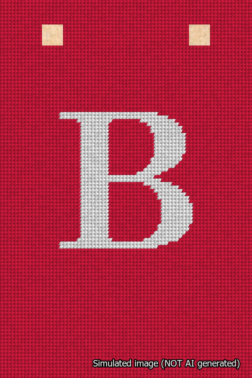 A simulated image of the stitched needlepoint design: Banner 18m Squared B White on Red. Not A.I. generated.