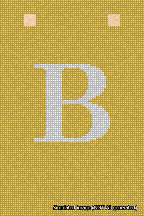 A simulated image of the stitched needlepoint design: Banner 18m Squared B White on Yellow. Not A.I. generated.