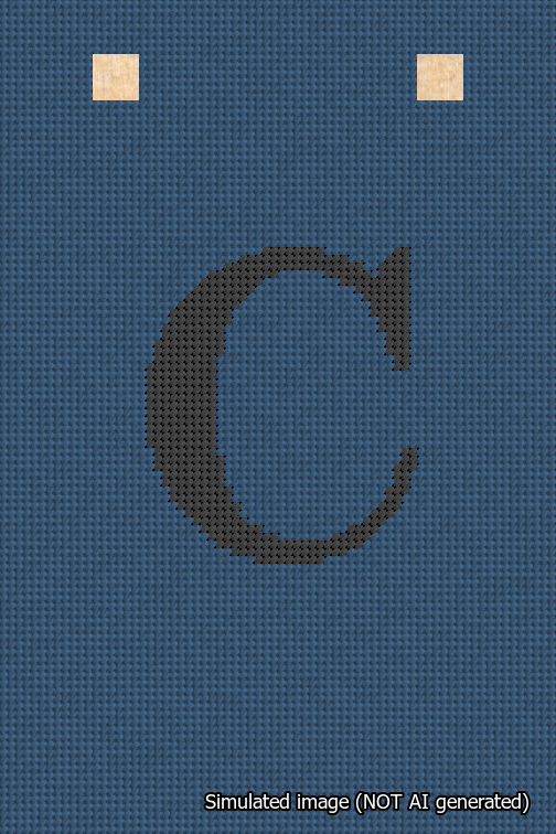 A simulated image of the stitched needlepoint design: Banner 18m Squared C Black on Blue. Not A.I. generated.