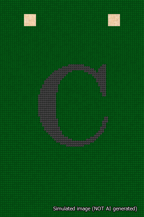A simulated image of the stitched needlepoint design: Banner 18m Squared C Black on Green. Not A.I. generated.